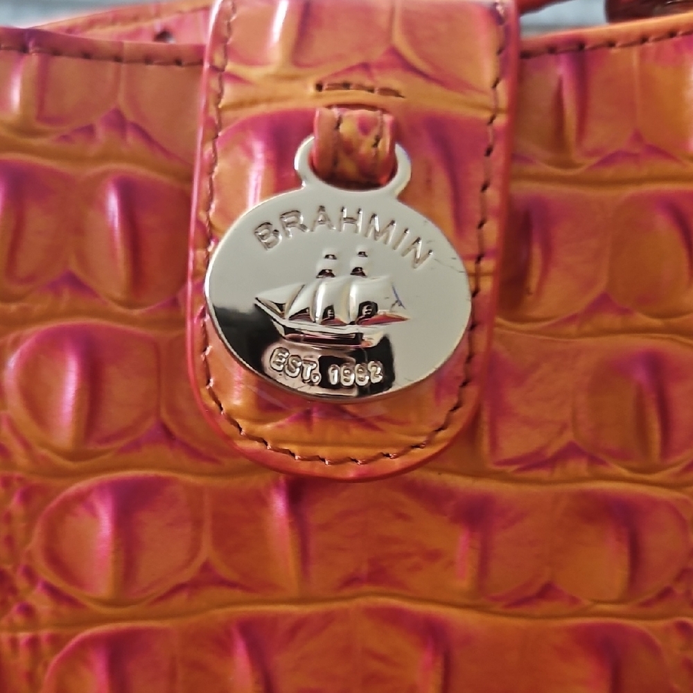 Brahmin Marley Dusty Melbourne Leather Orange-Pink Croc-Embossed Crossbody - Picture 4 of 6
